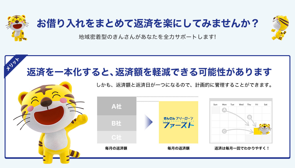 お借り入れをまとめて返済を楽にしてみませんか？地域密着型のきんさんがあなたを全力サポートします!　メリット　返済を一本化すると、返済額を軽減できる可能性があります